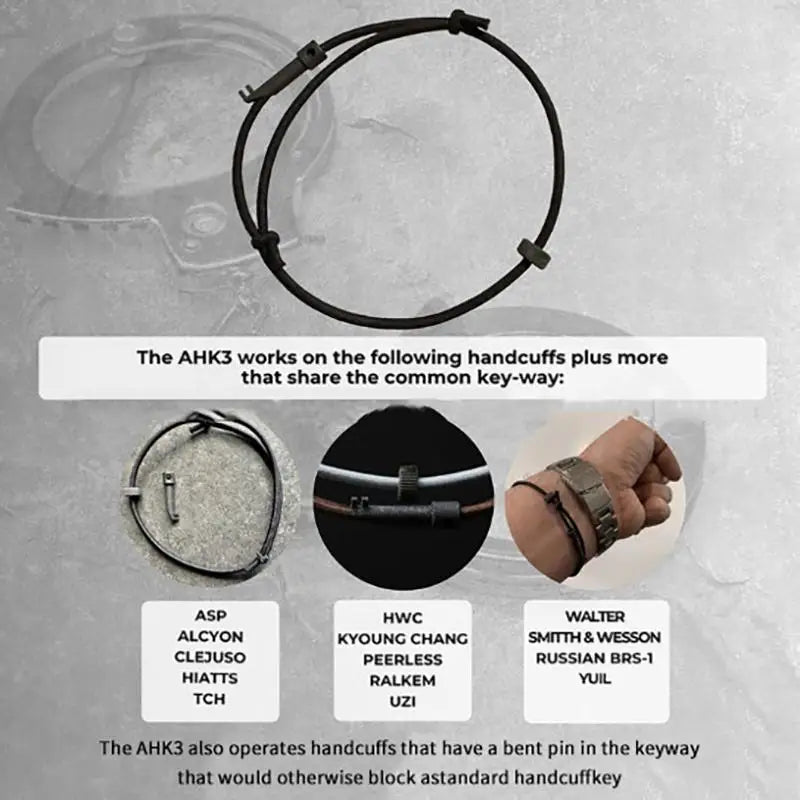 A black AED wristband is shown with various handcuffs and key-ways for different brands.