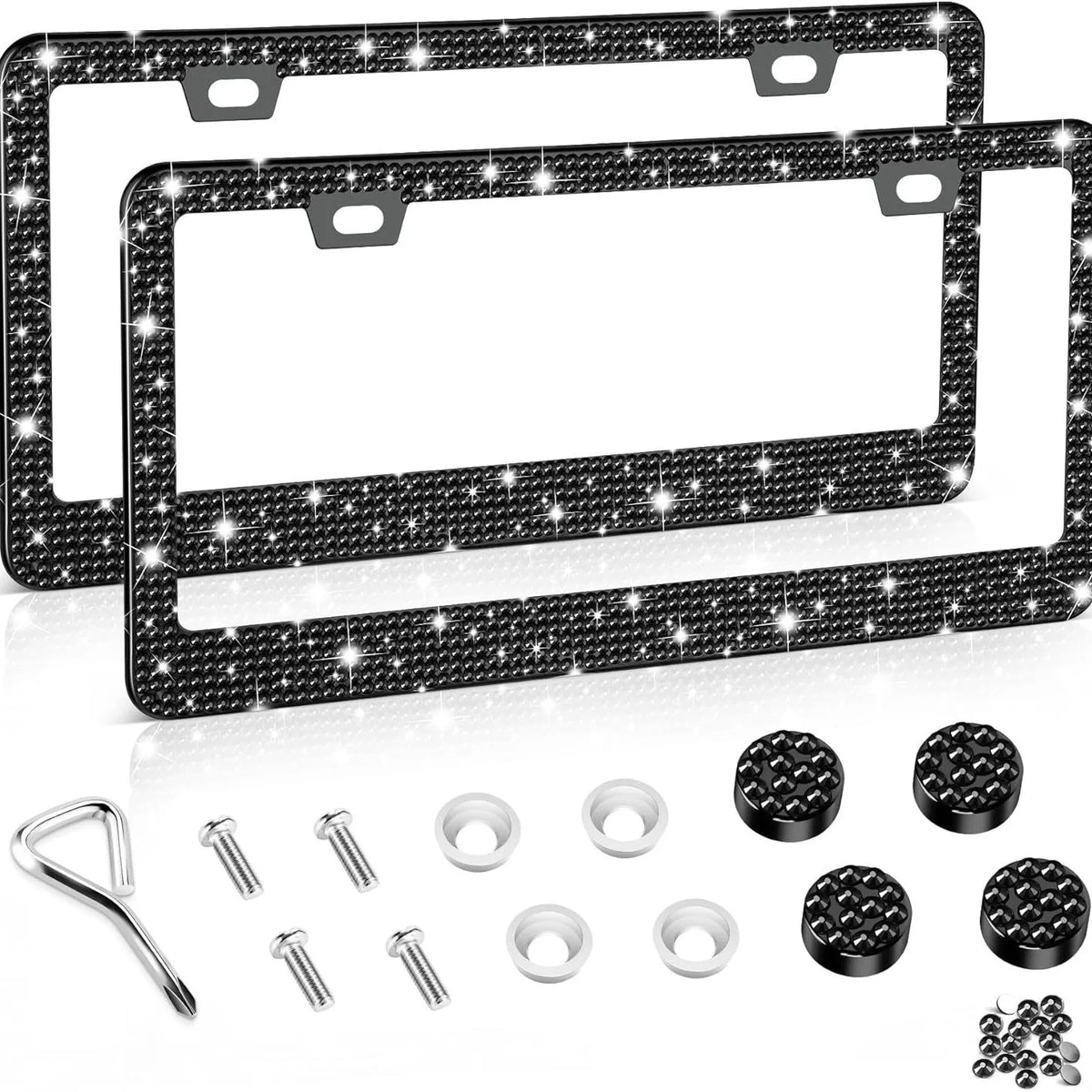 Black rhinestone license plate frame with mounting brackets and included hardware.