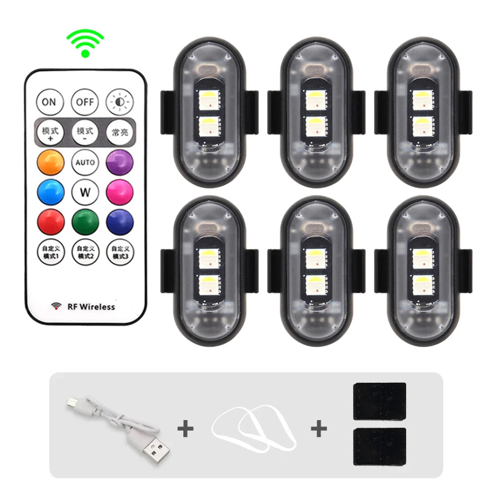 Set aus mehrfarbigen RGB-Warnstroboslichten mit EIN/AUS-Schalter und Batteriepack.
