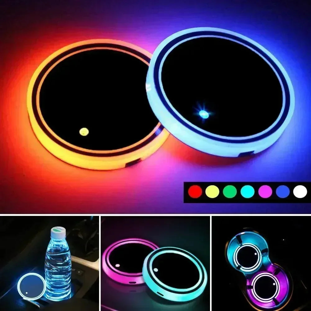 Two illuminated LED car cup holder coasters displaying various colors and light effects.