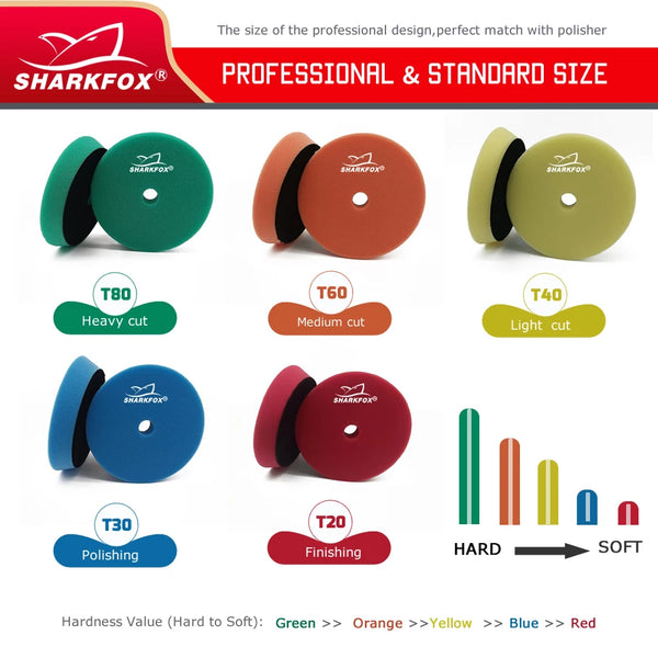 A collection of Sharkfox professional and standard size polishing sponge pads showing various colors and hardness levels.