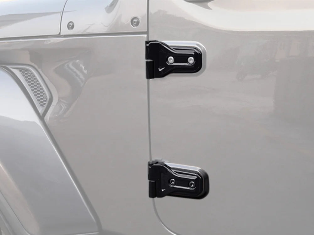 Close-up of a silver vehicle door featuring black hinge cover trim.