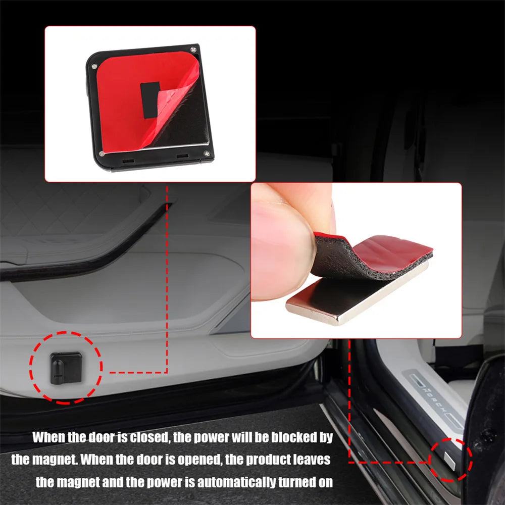 A close-up of a magnetic door sensor and projector unit designed for car door welcome lights.