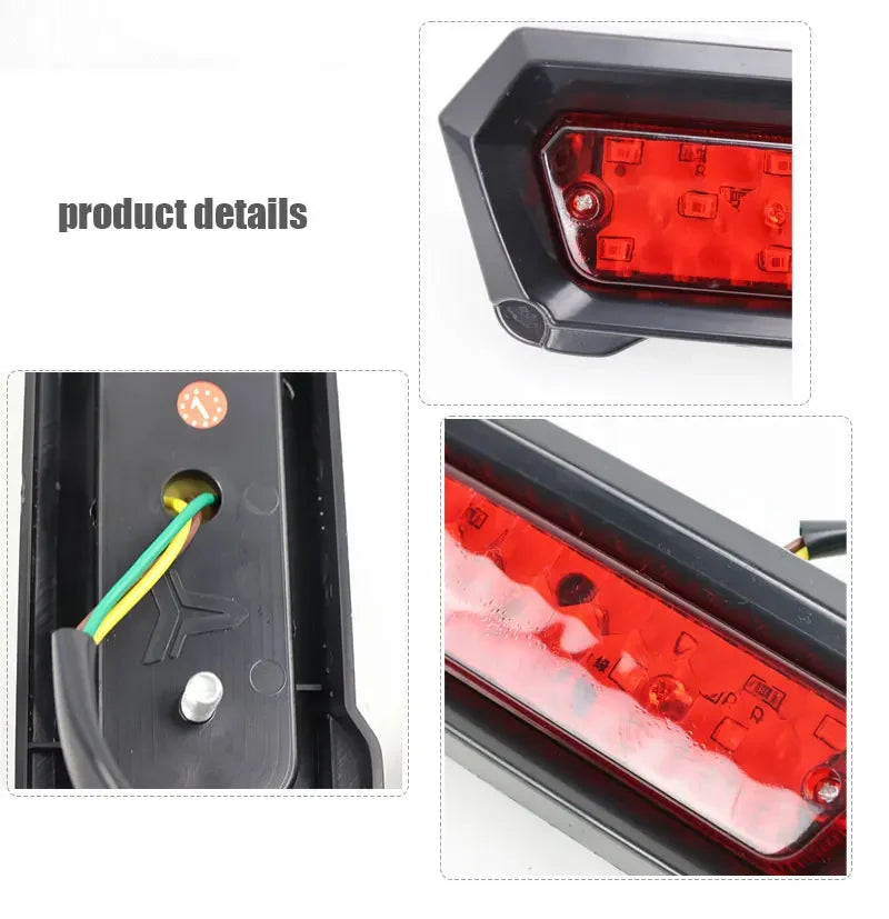 Close-up view of a universal LED motorcycle brake tail light assembly and its wiring connection.