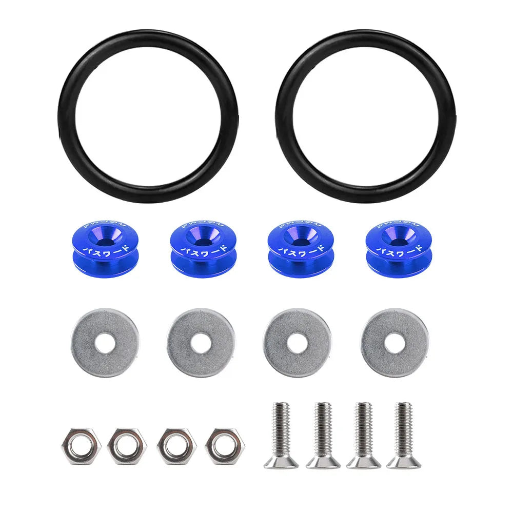 Set of black rings and various metal fasteners for quick release applications
