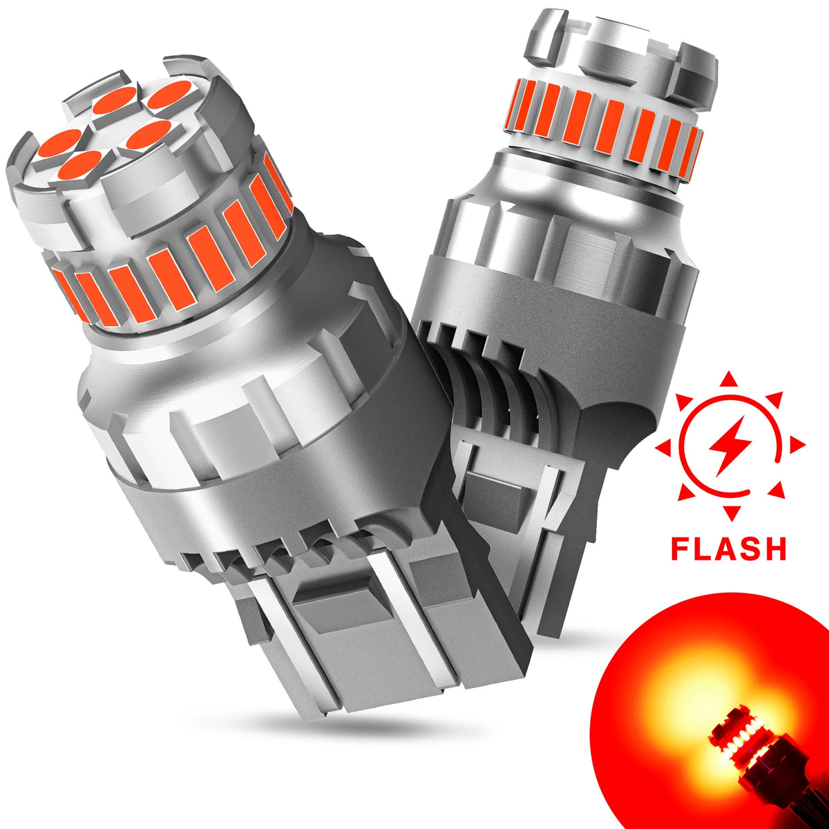 Two silver LED brake light bulbs with orange accents and a glowing red light source.