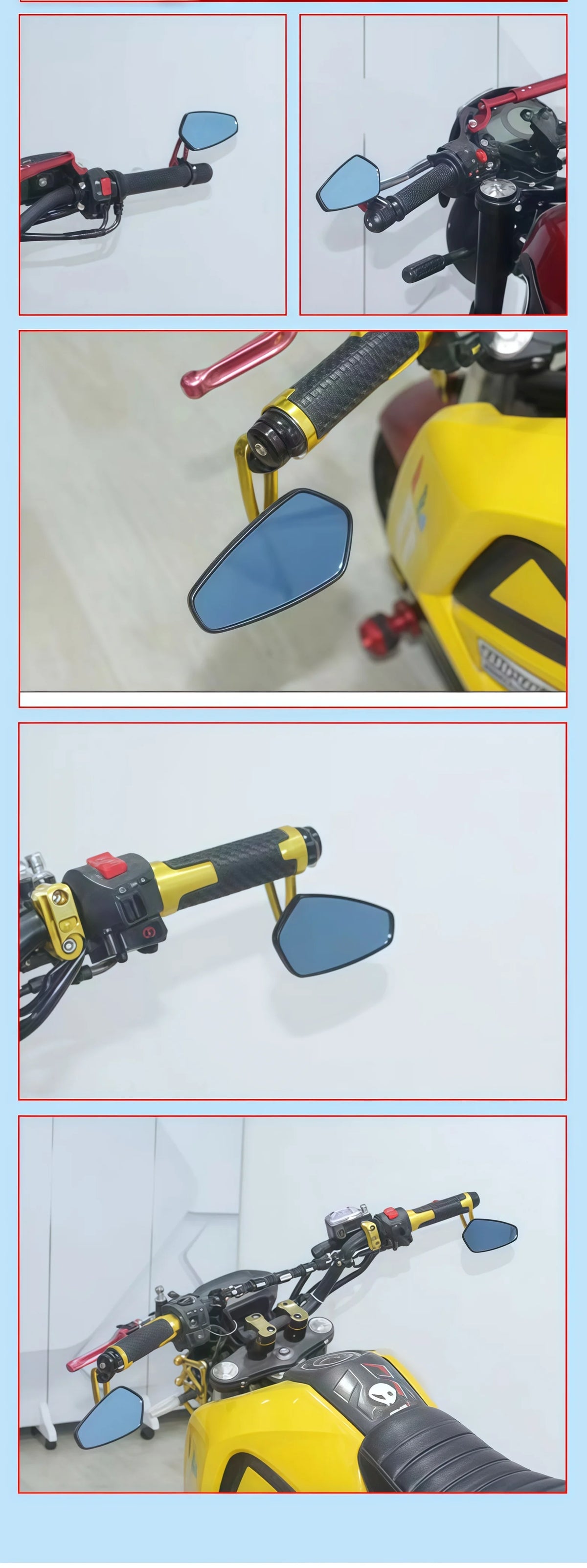 Close-up views of carbon fiber rearview mirrors mounted on a motorcycle handlebar.