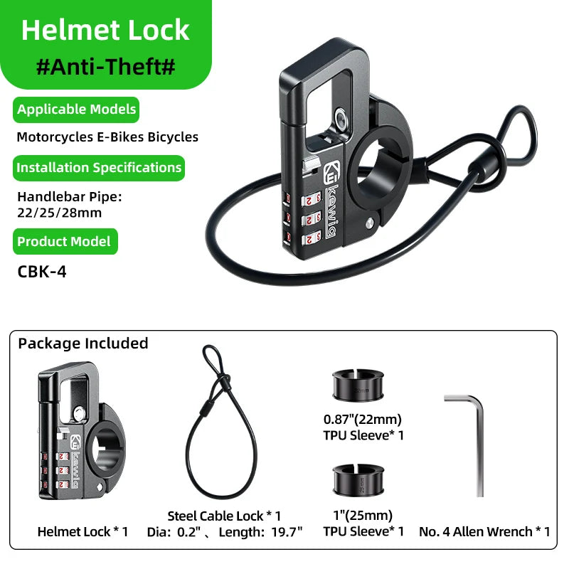 A black helmet lock device with a cable and TPU sleeve is shown next to its components.