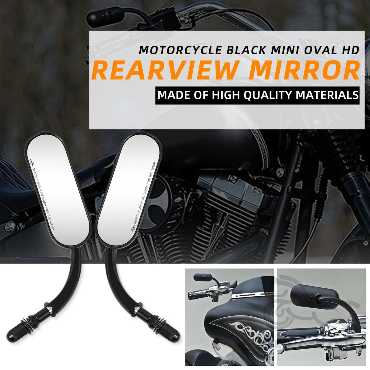 Rétroviseur oval noir mini HD pour moto, fabriqué avec des matériaux de haute qualité.