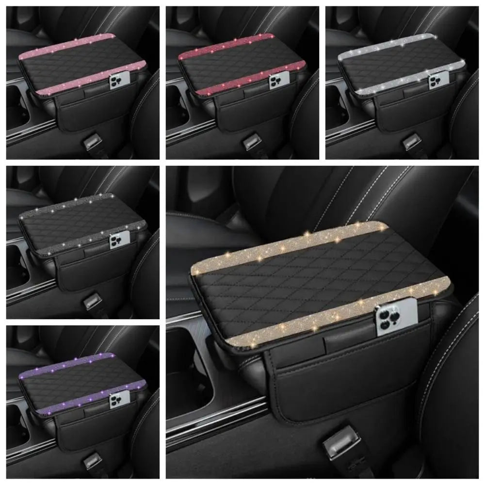 Black leather car console covers with diamond grid patterns and decorative stitching.