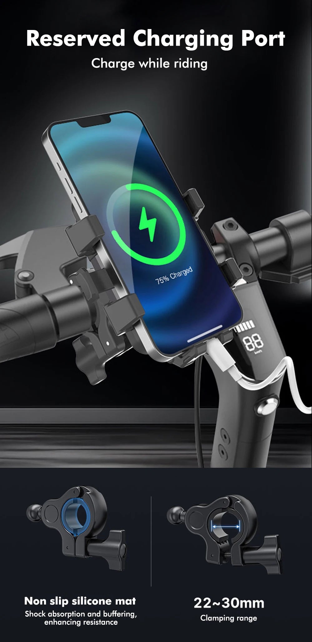 Smartphone am Fahrradlenker mit Ladestation für die Ladung beim Fahren