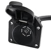 Black trailer adapter featuring a flat to seven-way round connector and a mounting bracket.