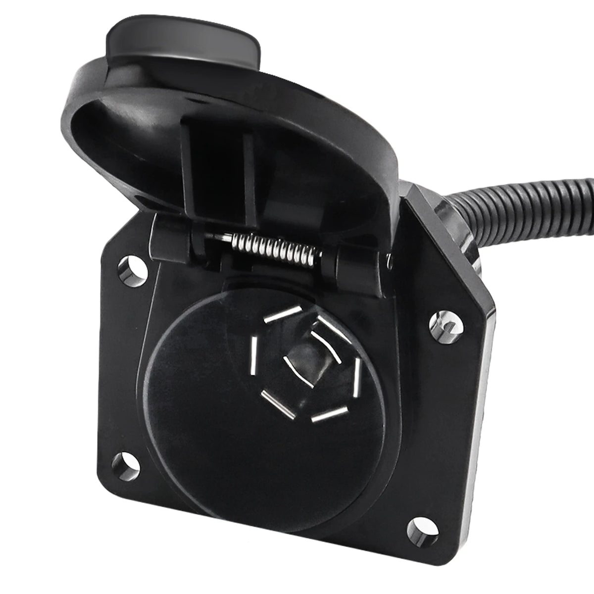 Black trailer adapter featuring a flat to seven-way round connector and a mounting bracket.