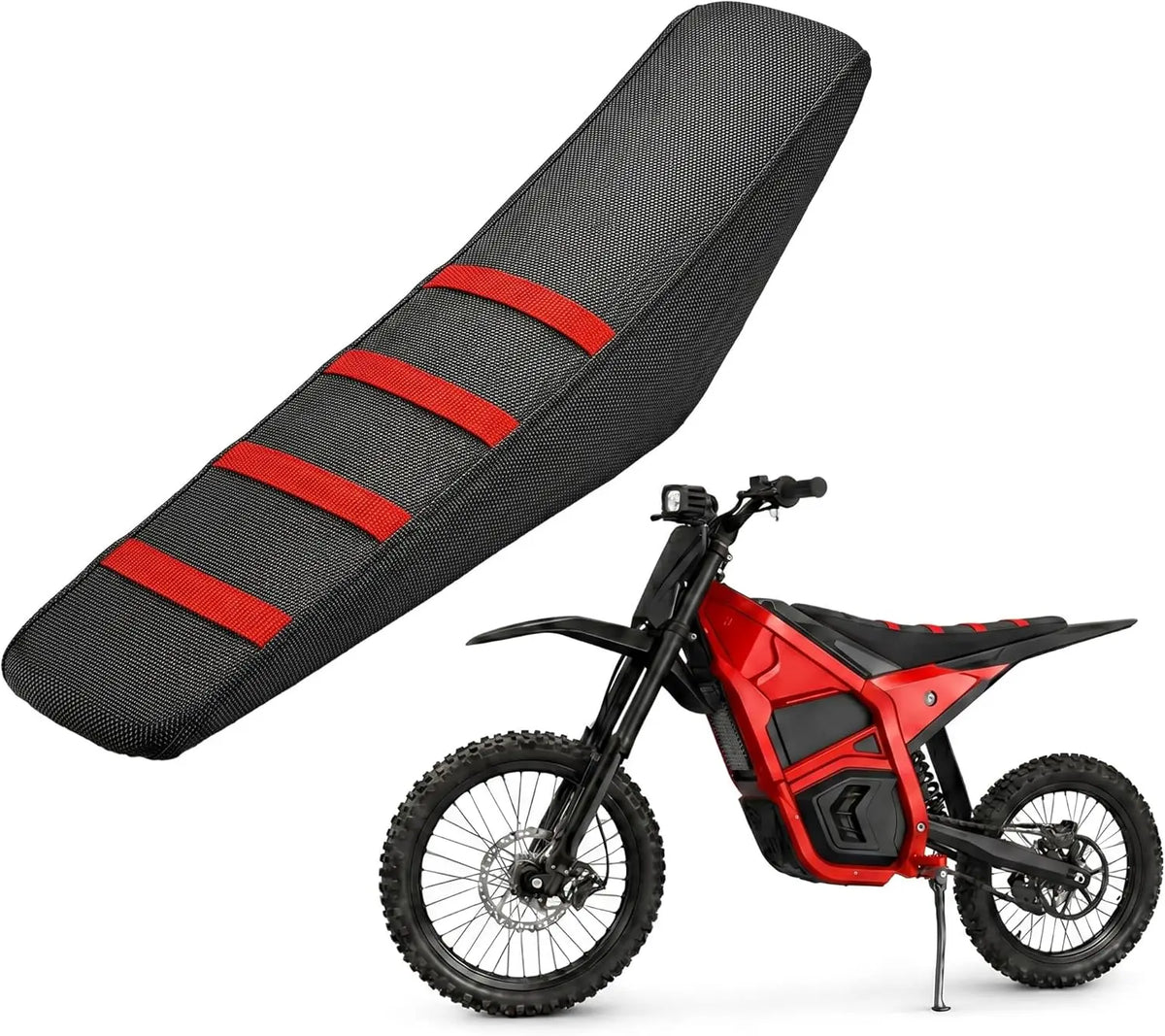 A red and black waterproof non-slip seat cover for an e-bike is shown with a bicycle frame.