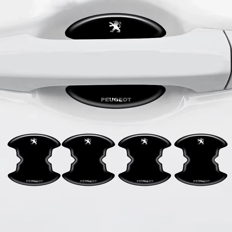 Un juego de pegatinas protectoras negras para manijas de puertas de coche, con el logo de Peugeot.