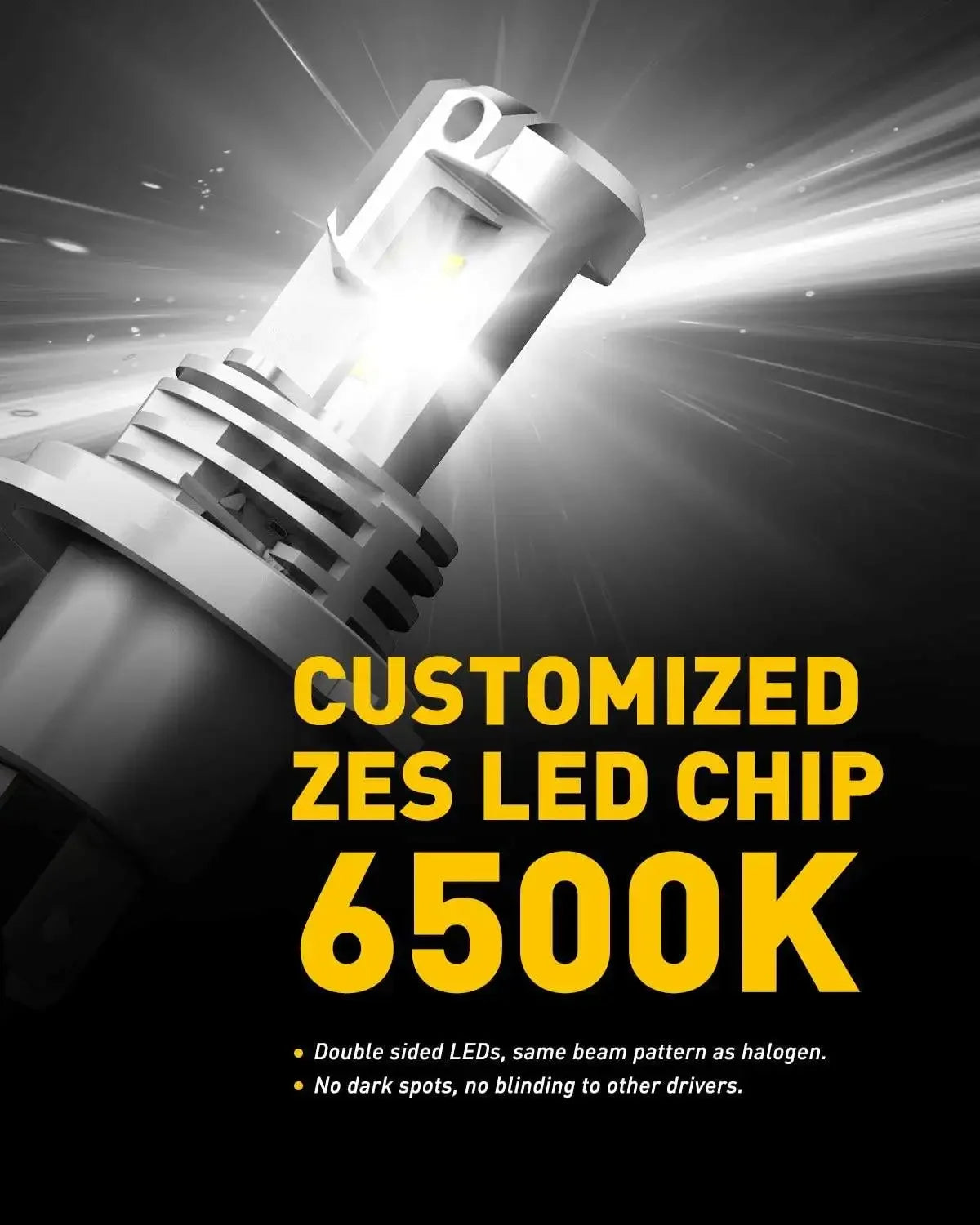 A close-up of a customized ZES LED chip headlight bulb shining brightly against a dark background.