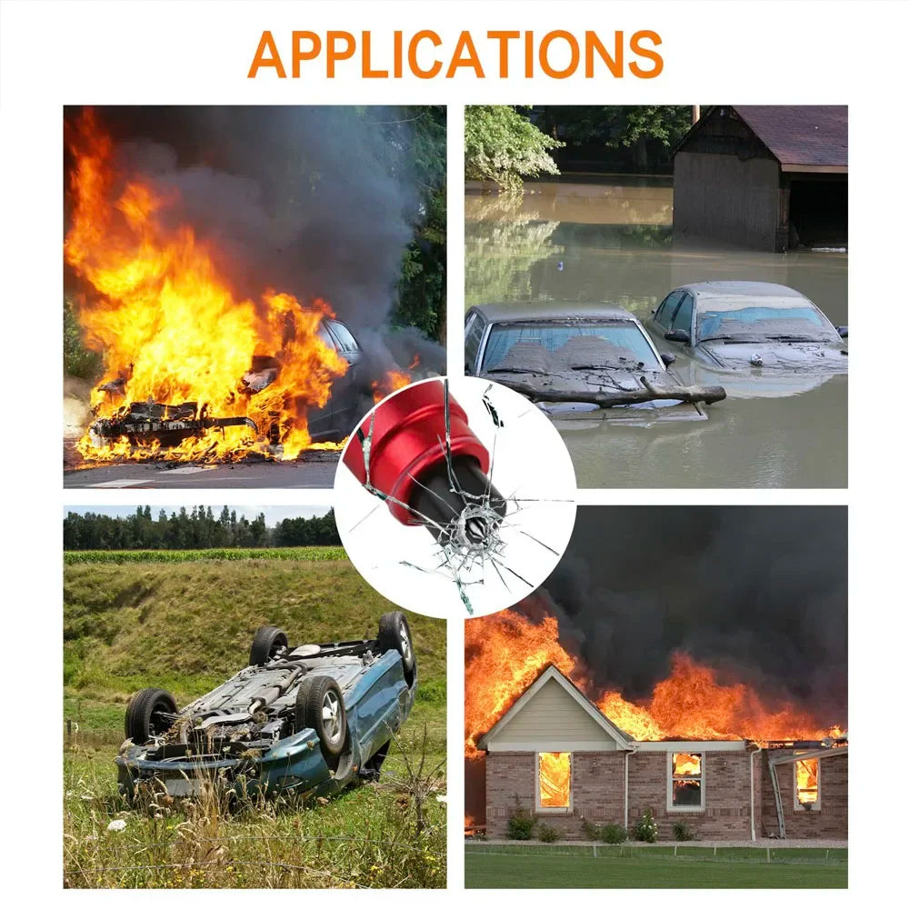 A collage showing car safety tools used in various emergency situations, including fire, flood, and vehicle damage.