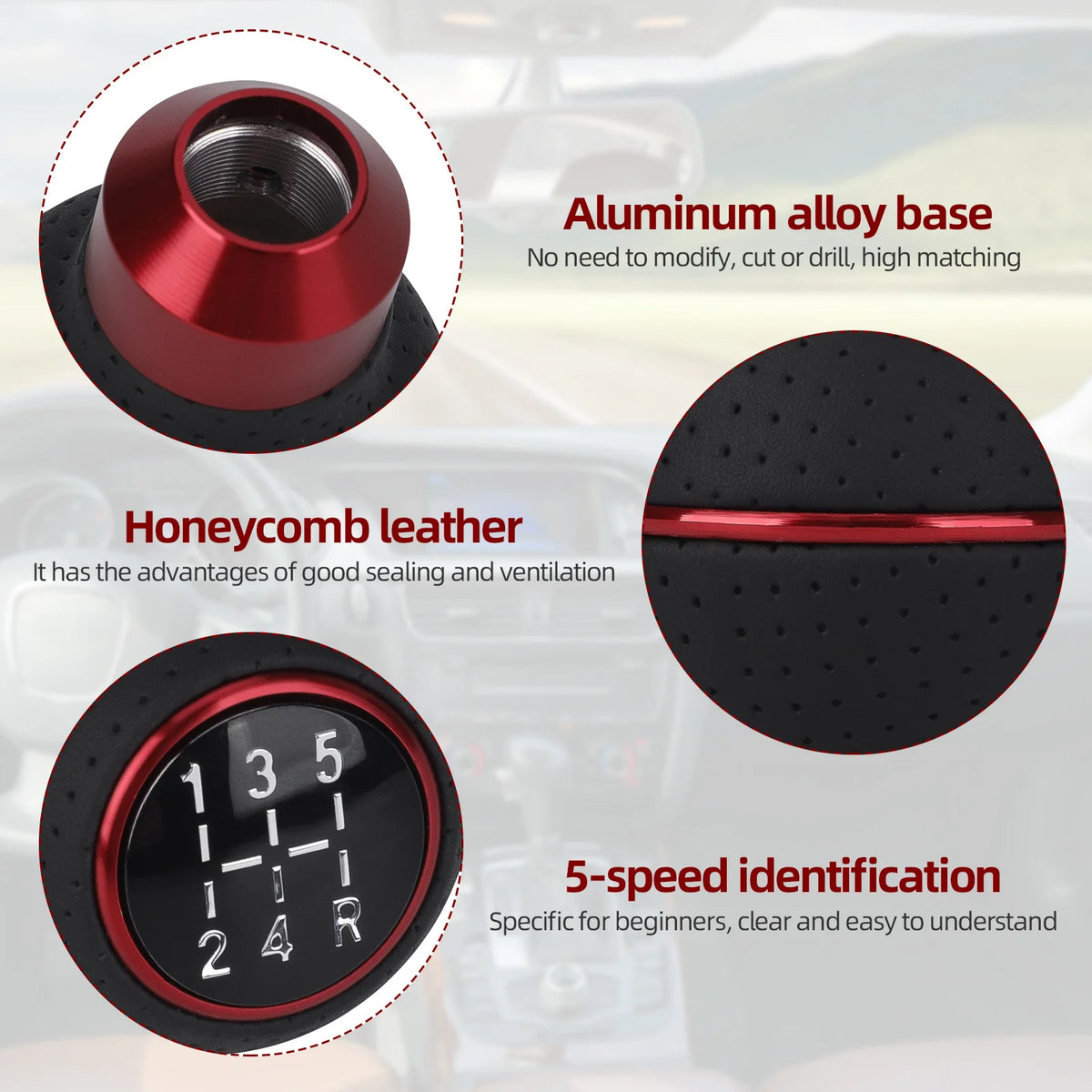 Close-up view of a red aluminum alloy gear shift knob with honeycomb leather and 5-speed identification markings