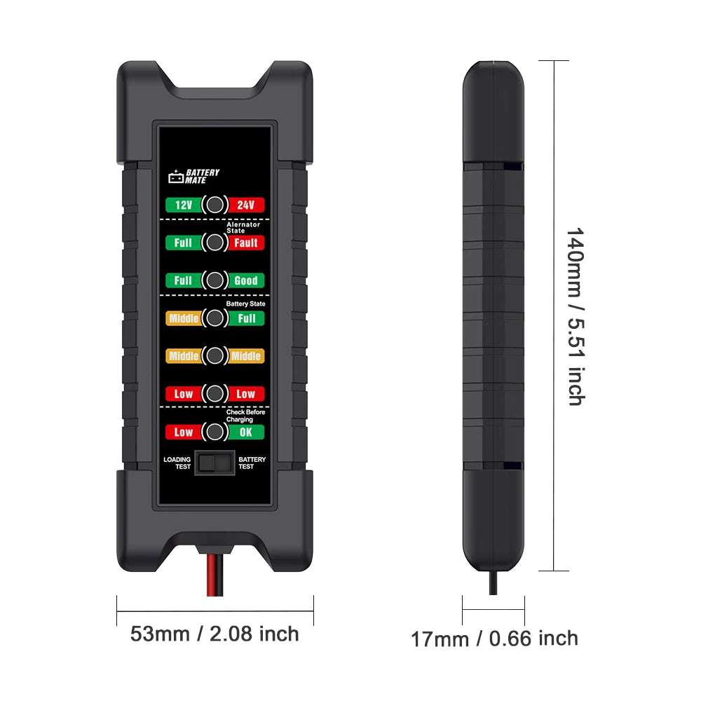 A black professional 12V/24V car battery tester device shown with dimensions.
