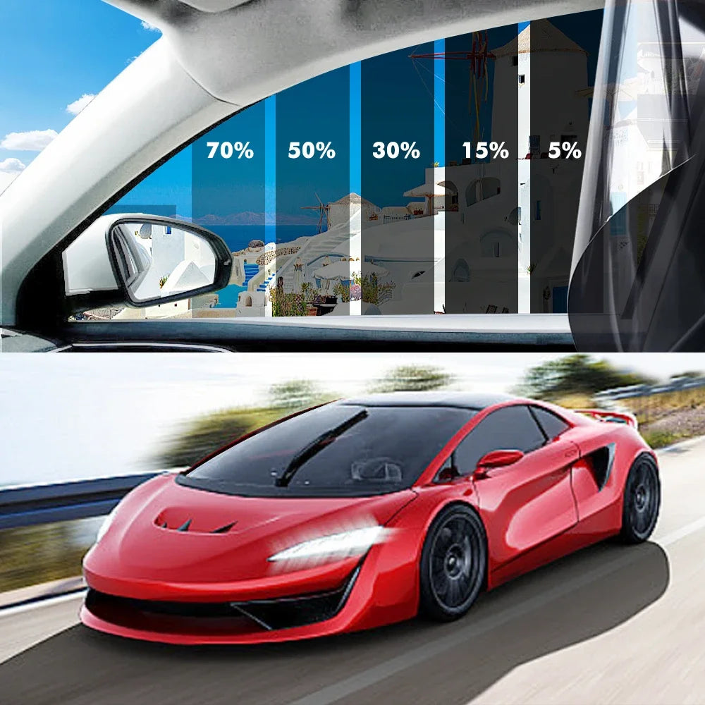 Une voiture de sport rouge roule sur une route, avec un graphique de film teinté montrant différents niveaux de confidentiali