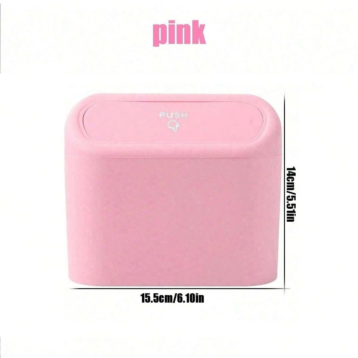 A pink portable car trash can with a push-button hanging lid shown from the front.