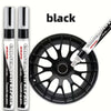 A black precision car touch-up pen is shown next to a black wheel, demonstrating its use for repairing scratches and chips.