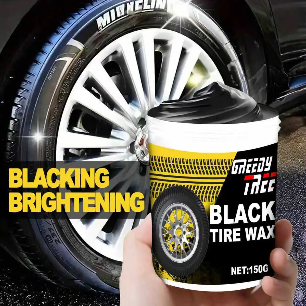 Eine Hand hält eine Dose Blacking Brightening Reifschutzwachs neben ein Auto-Rad.