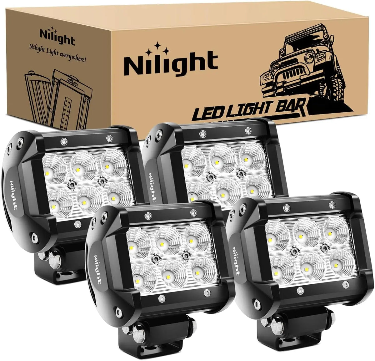 Une boîte et quatre barres lumineuses LED noires, présentant une technologie de projecteur haute intensité.