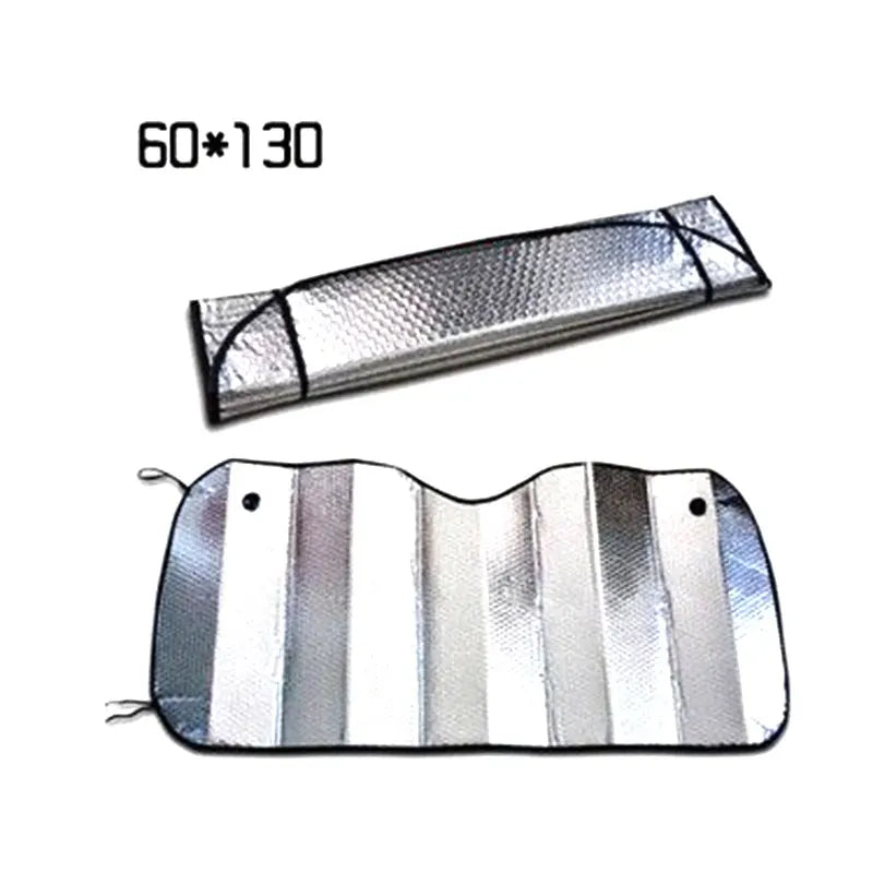 Silver pleated sun visor for car windows, measuring 60 by 130.