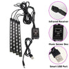 A set of RGB car underglow LED strip lights including an infrared receiver, a music sensor box, and a smart USB part.