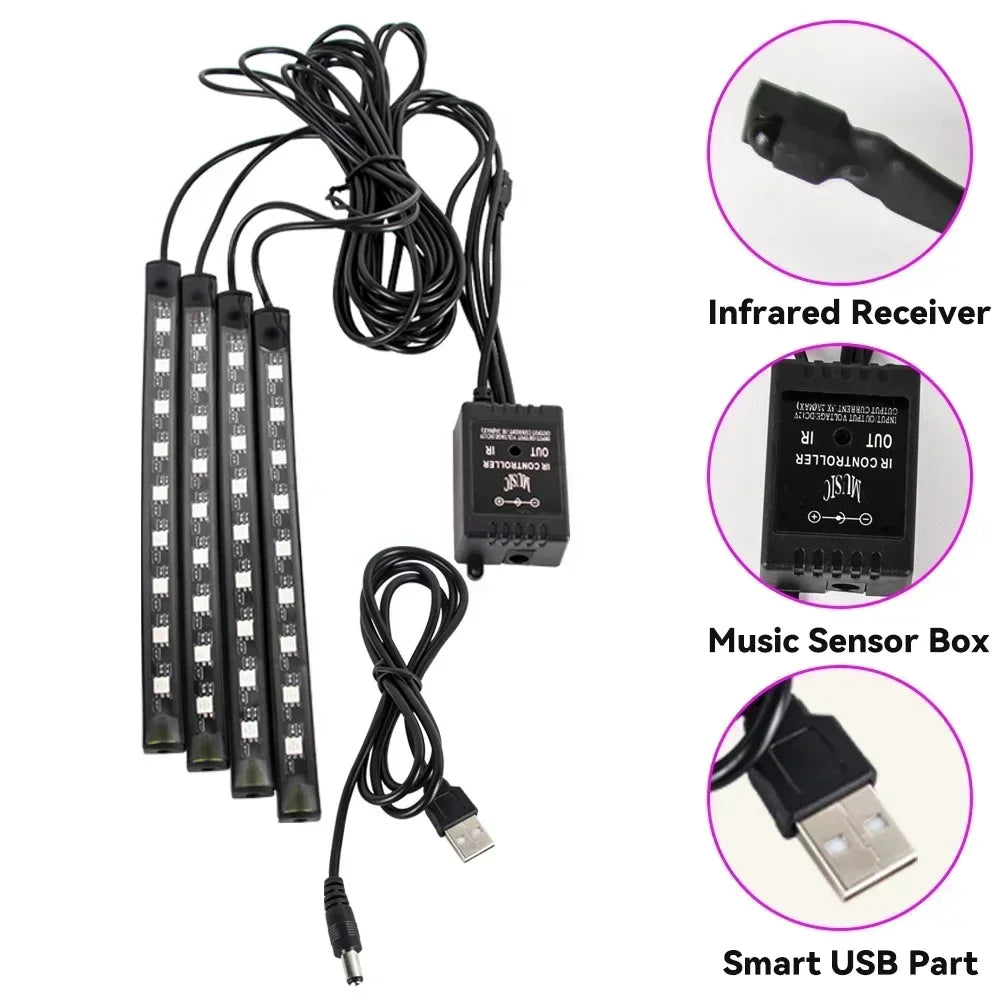 A set of RGB car underglow LED strip lights including an infrared receiver, a music sensor box, and a smart USB part.