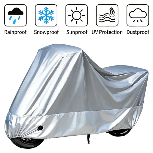 Silver waterproof protection cover for a motorcycle, designed to shield against rain, snow, sun, UV, and dust.