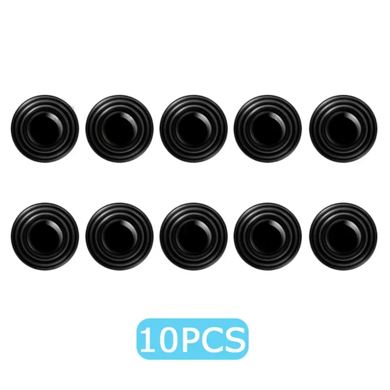 A set of ten black car door anti-shock silicone pads arranged in a row.