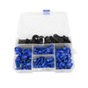 A clear plastic box containing a set of black and blue motorcycle fairing bolts and fasteners.