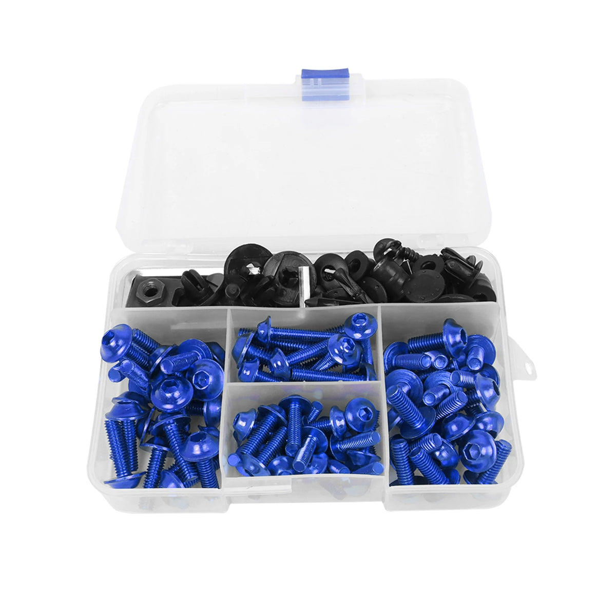 A clear plastic box containing a set of black and blue motorcycle fairing bolts and fasteners.