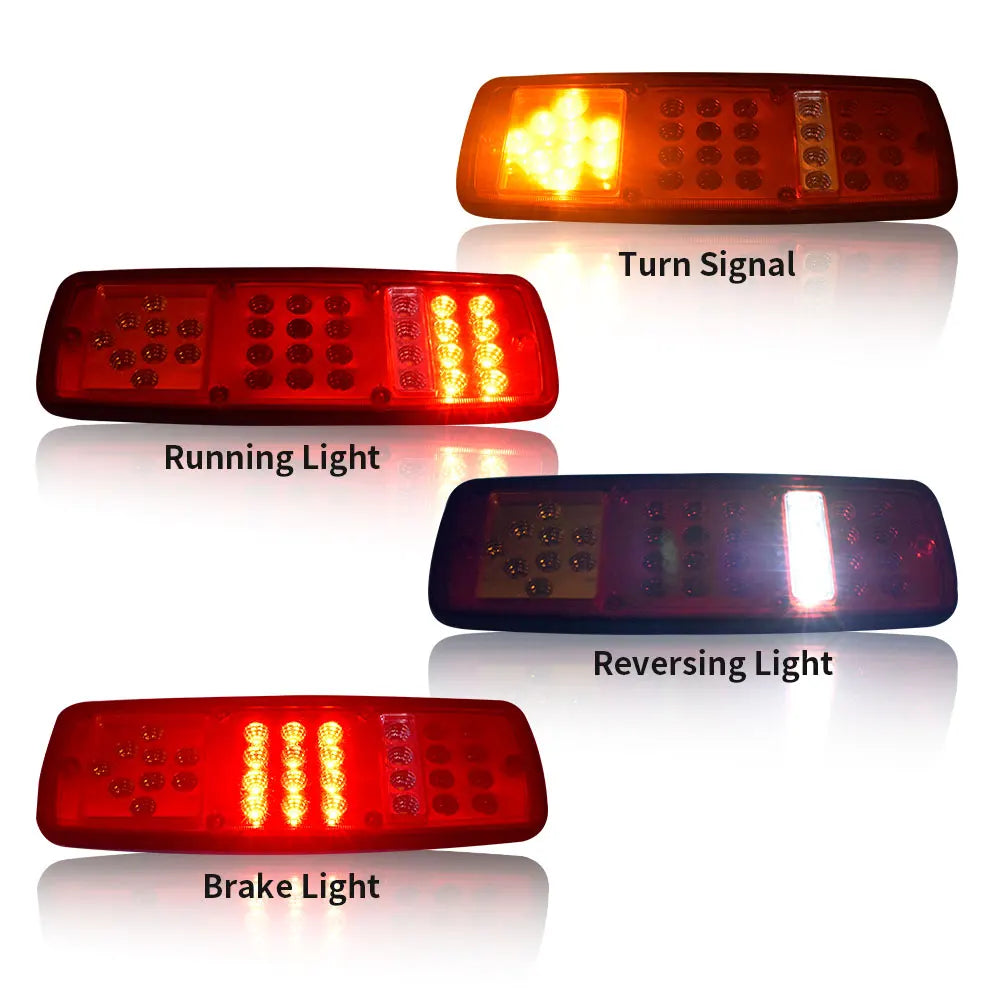 A set of four dual high-brightness truck tail lights showing Turn Signal, Running Light, Reversing Light, and Brake Light fun