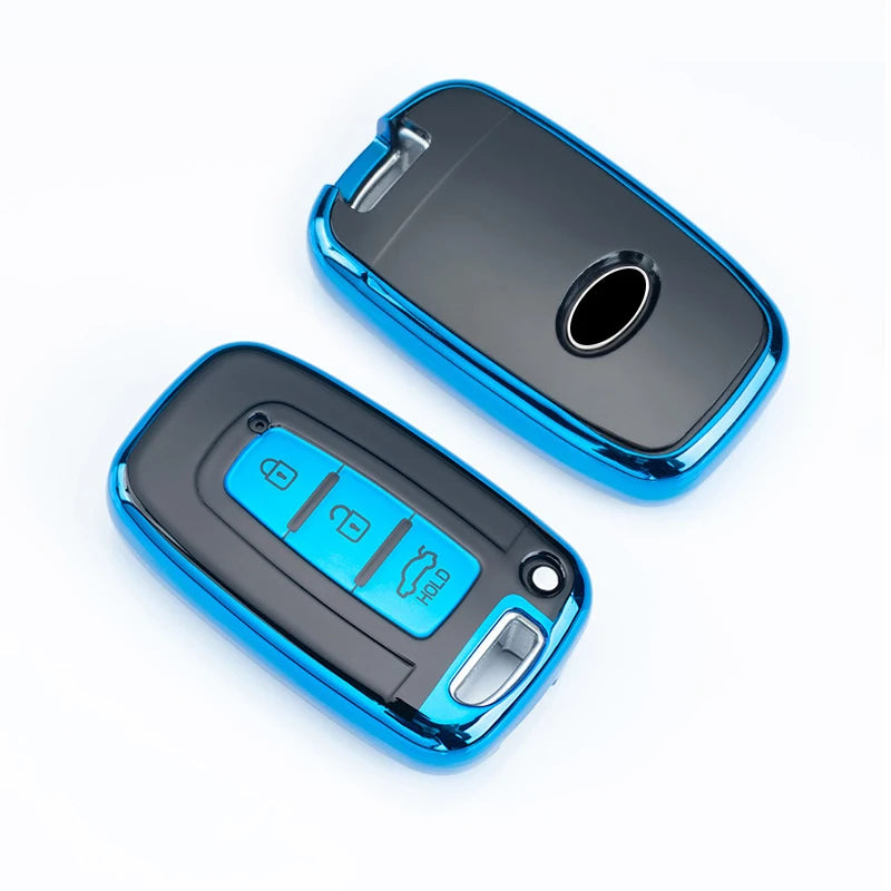 A blue and black universal car key case cover for multiple models shown from above.