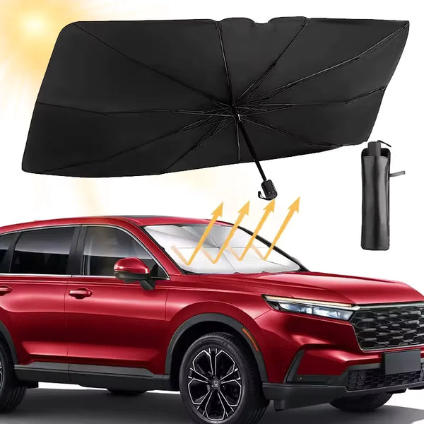 A black retractable car sunshade is shown deployed on the windshield of a red SUV.