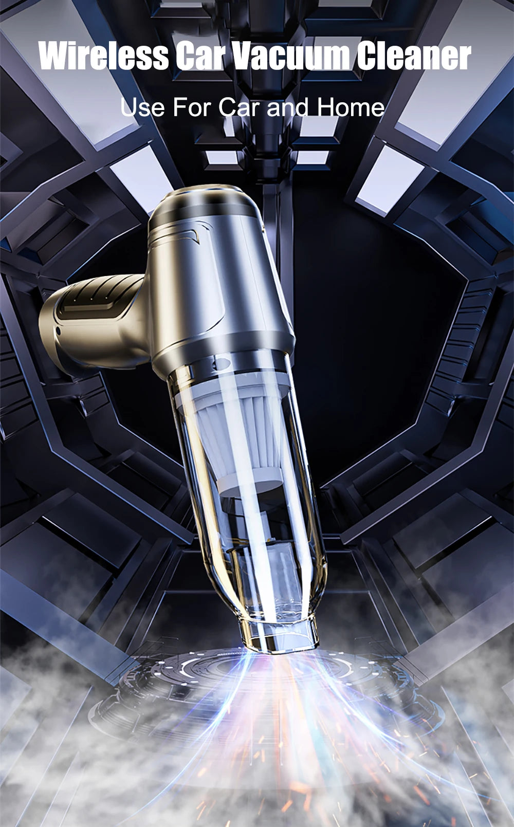 A close-up view of a silver wireless handheld vacuum cleaner emitting a powerful stream of air and dust.