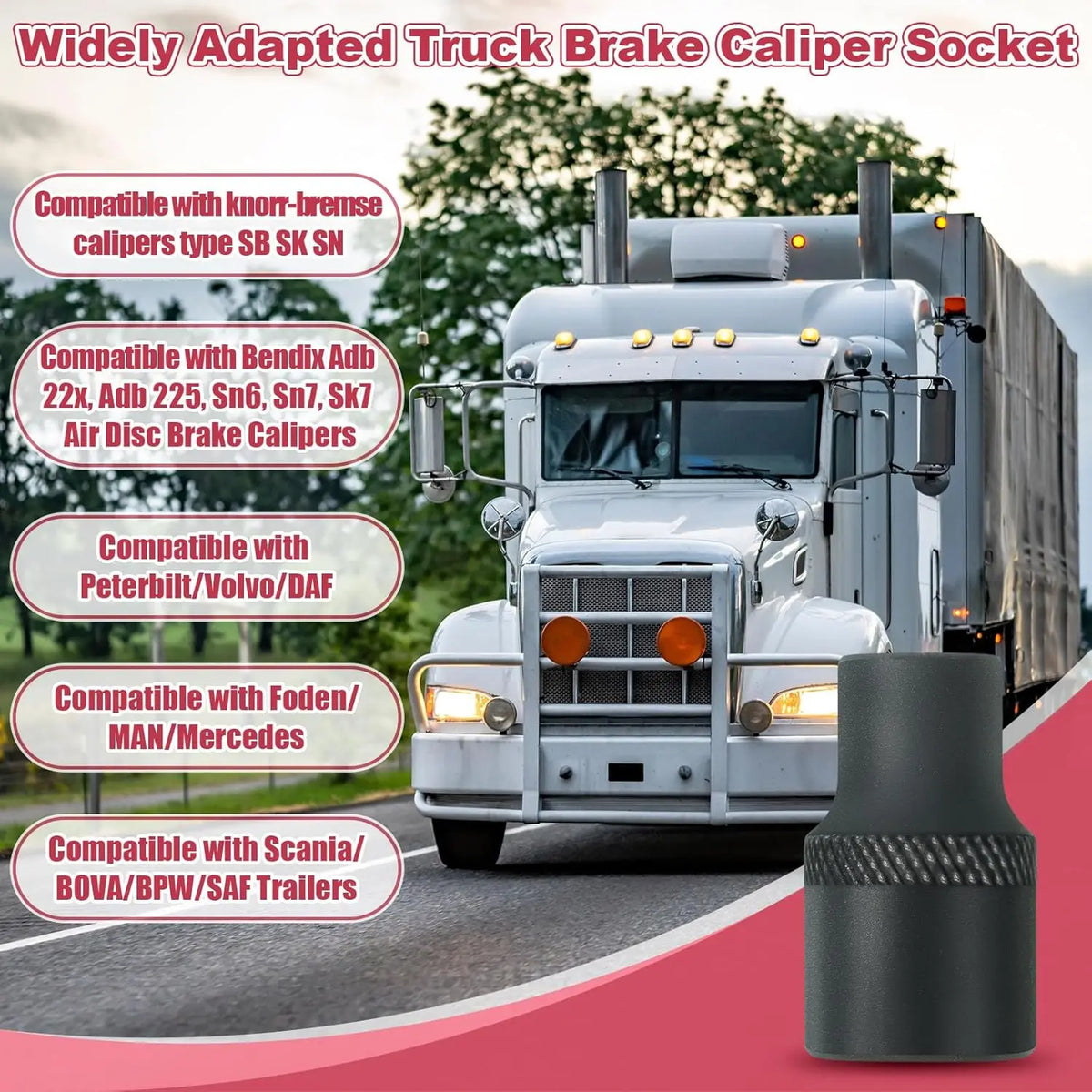 A truck brake caliper socket is shown with compatibility lists for various European trucks and trailers.