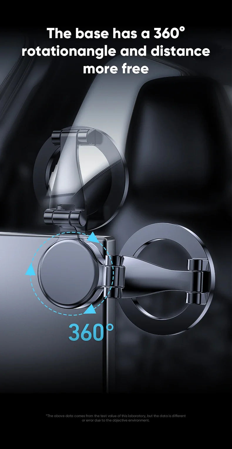 A close-up view of a foldable magnetic car mount demonstrating its 360 degree rotation angle.