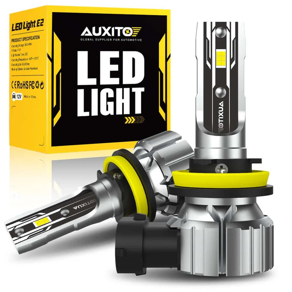 A silver LED light assembly with a yellow housing and mounting bracket is shown next to its packaging box.