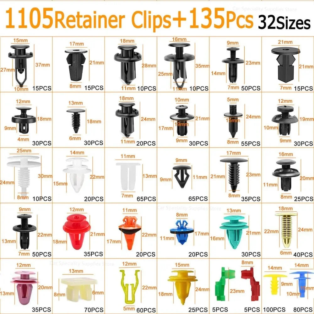 A grid showing various sizes and quantities of retainer clips for universal car fasteners, including different colors like bl