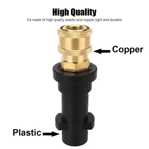 A brass and plastic adapter for a pressure washer, featuring a copper fitting and a black plastic body.