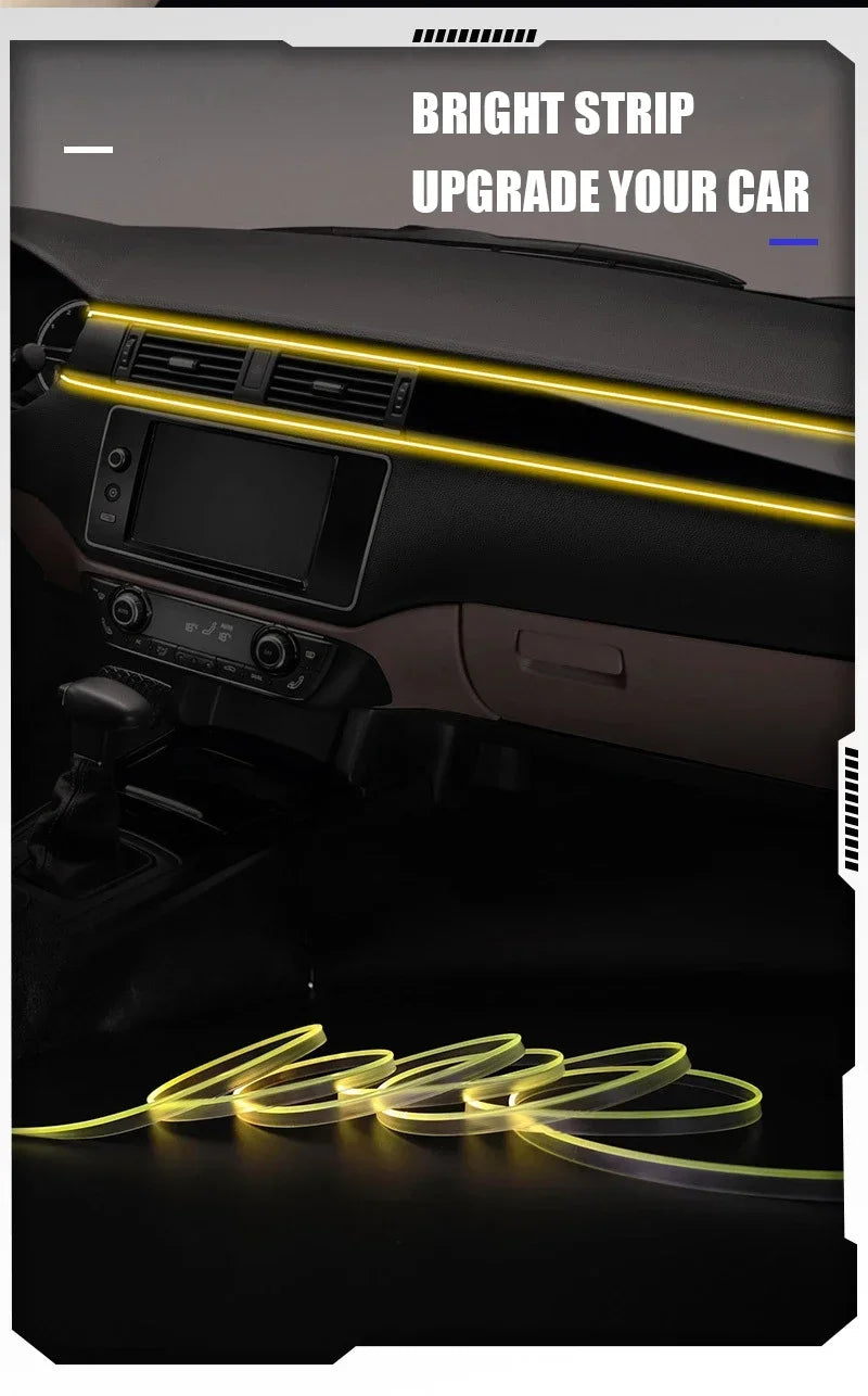 Bright strip upgrade for car interior showing a yellow LED light strip installed on the dashboard.