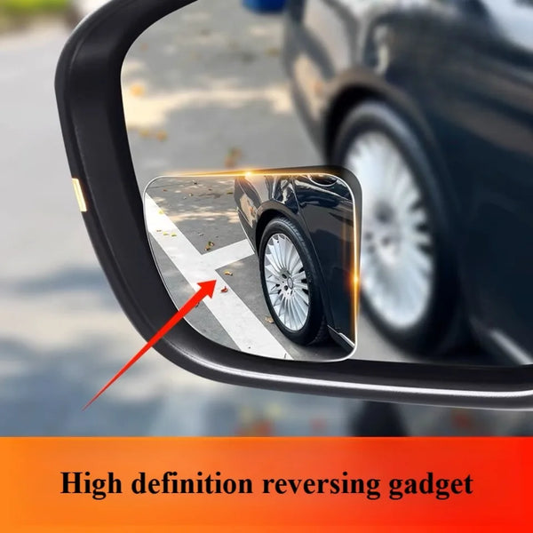 A close-up view of a car's side mirror reflecting the road and a vehicle, demonstrating a high definition reversing gadget.