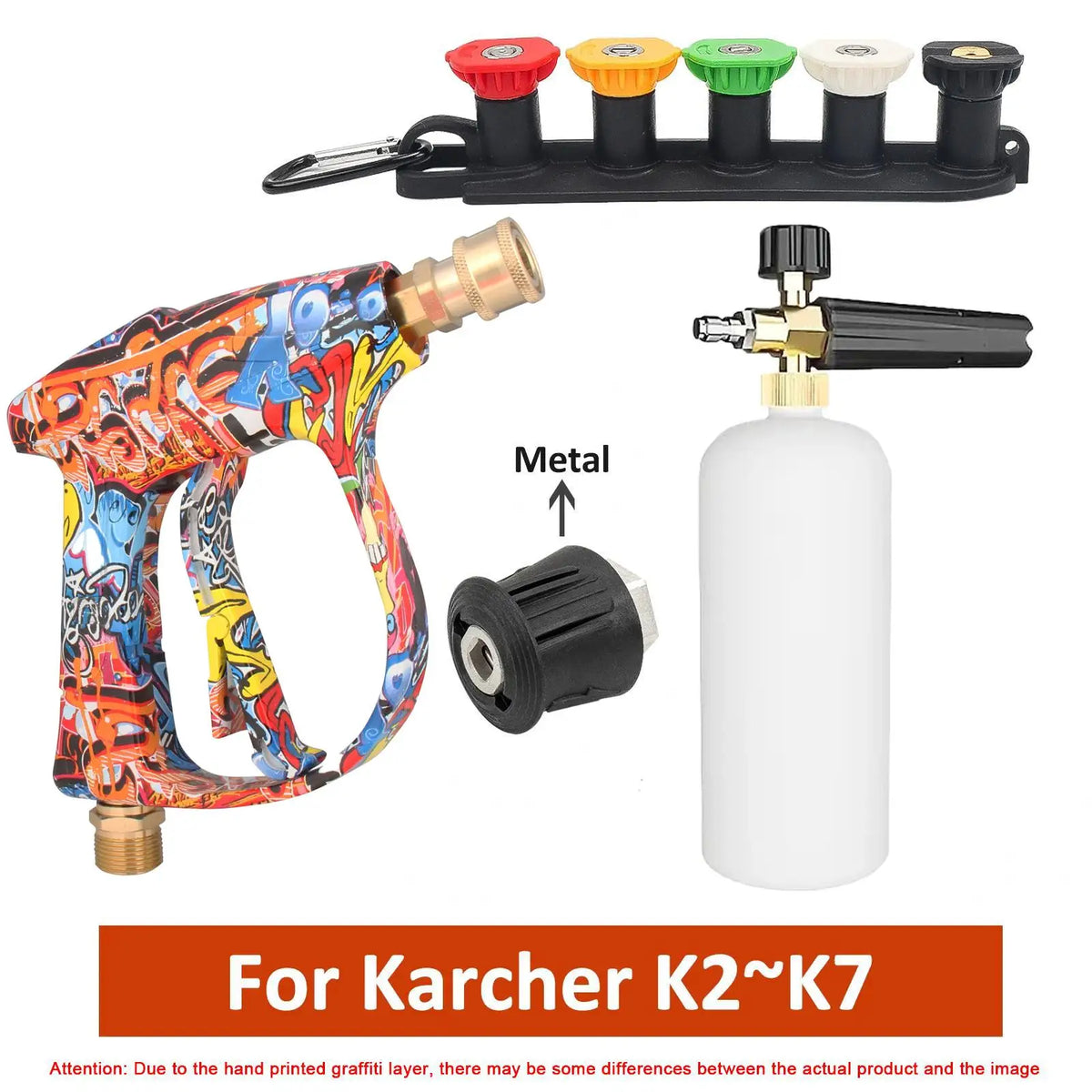 A set of tools including a hand-painted water gun, a metal nozzle, and a white bottle for high-pressure cleaning.
