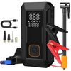 A black multi-function jump starter and air compressor kit with various cables and accessories.