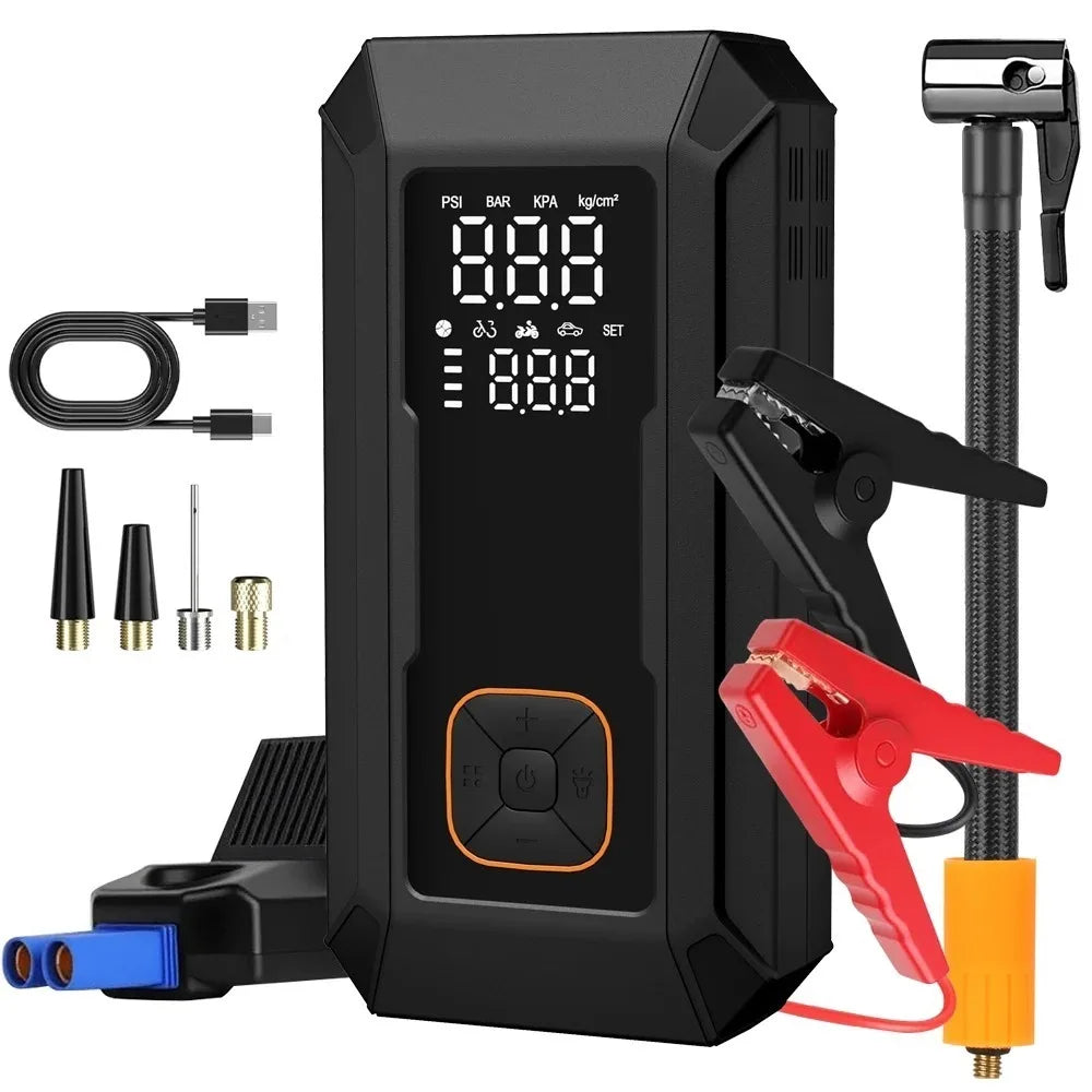 A black multi-function jump starter and air compressor kit with various cables and accessories.