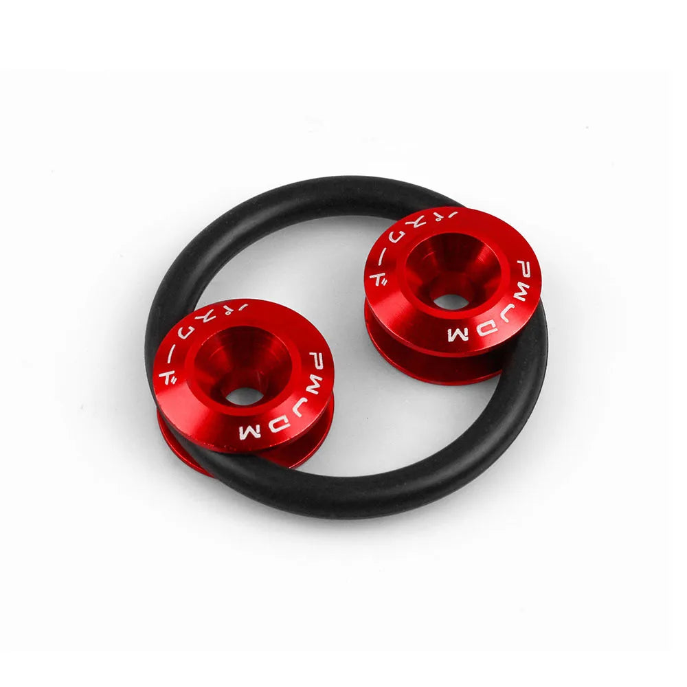 A red aluminum quick release fastener ring with a black rubber band, used for automotive bumpers or lids.